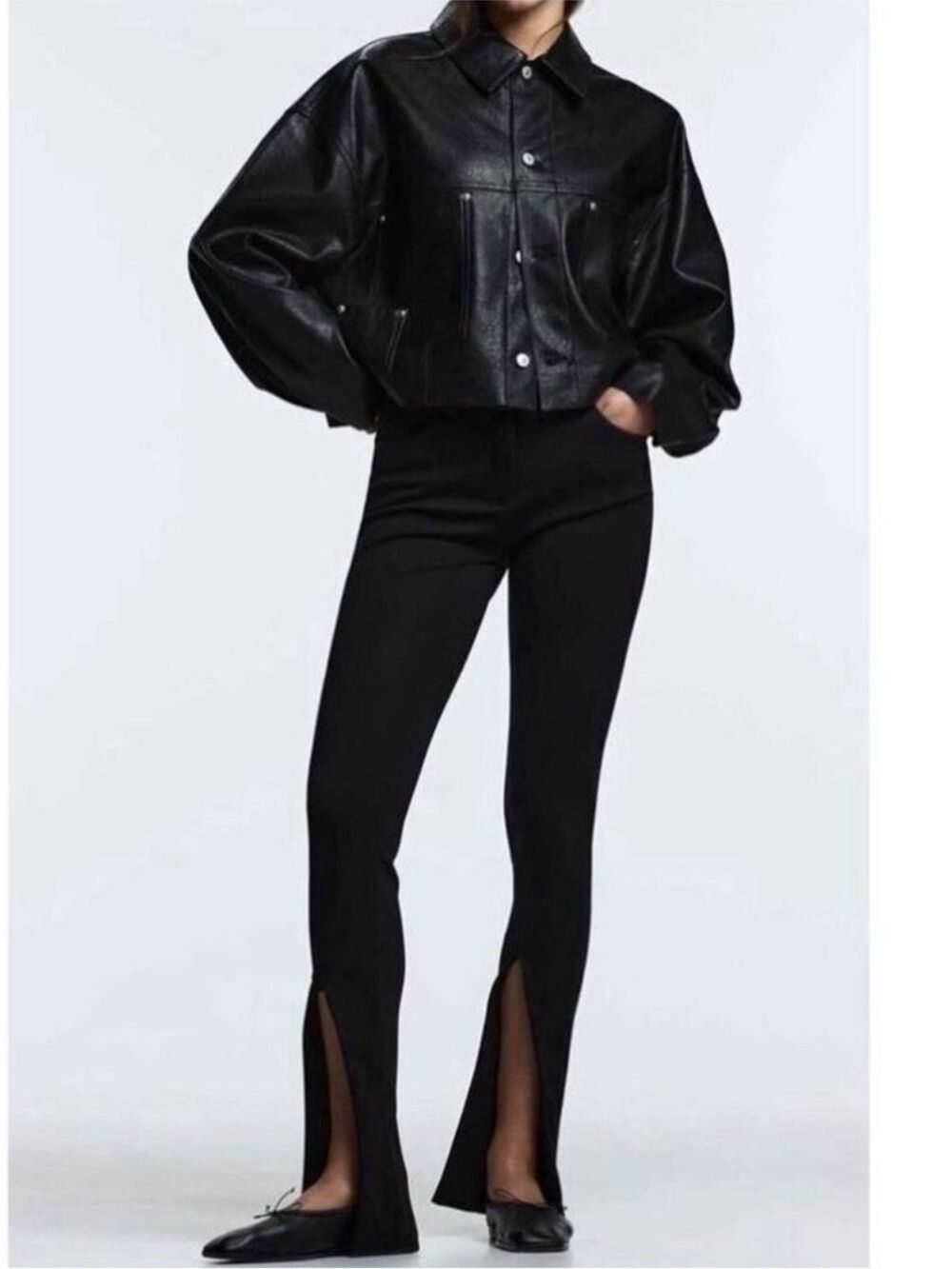 Zara Split Front Hem Mid Rise Stretch Black Trouser Pants